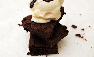 Perfect chocolate brownies with ice cream and chocolate sauce